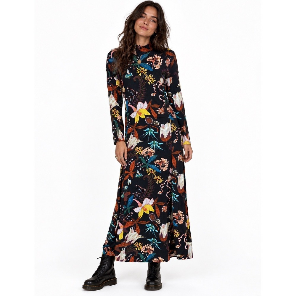 H&M Dark Forest Maxi Dress Size 6 Mock Neck Long Sleeve Vintage Inspired